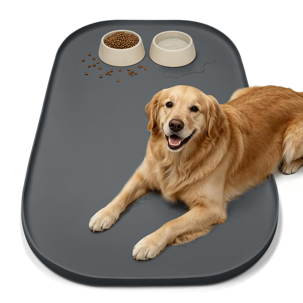 SMILOOL Waterproof Silicone Pet Food Mat with Raised Edge for Dog & Cat | 19" x 12" Non-Slip Pet Feeding Mats with Lip for Food & Water Bowl, Food Grade, Easy Cleaning, Beige