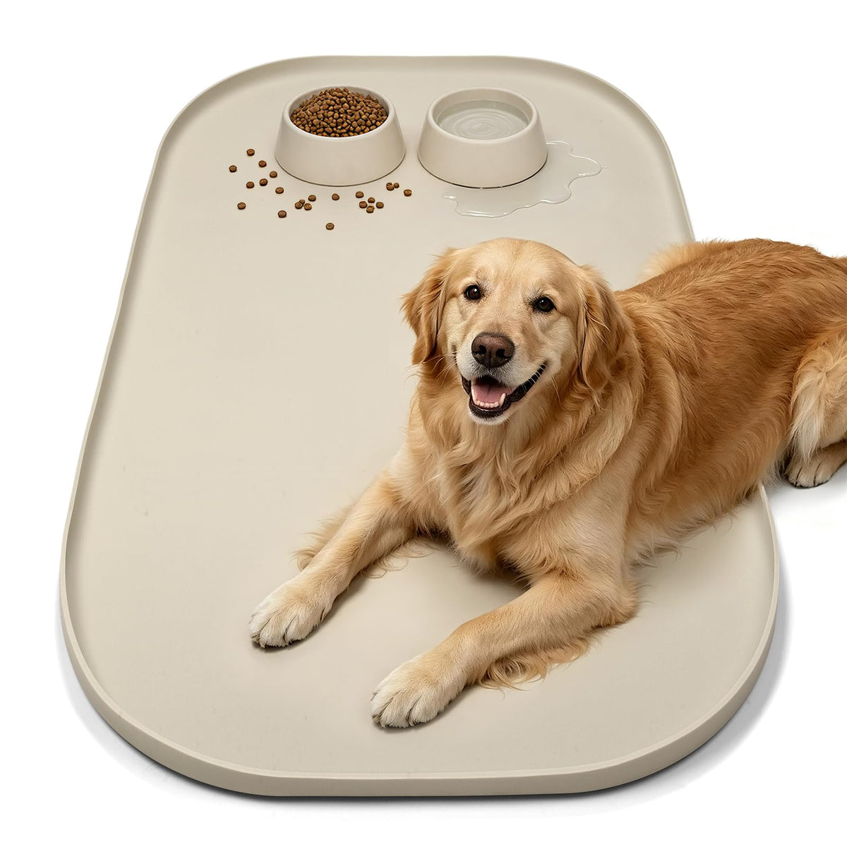 SMILOOL Waterproof Silicone Pet Food Mat with Raised Edge for Dog & Cat | 19" x 12" Non-Slip Pet Feeding Mats with Lip for Food & Water Bowl, Food Grade, Easy Cleaning, Beige