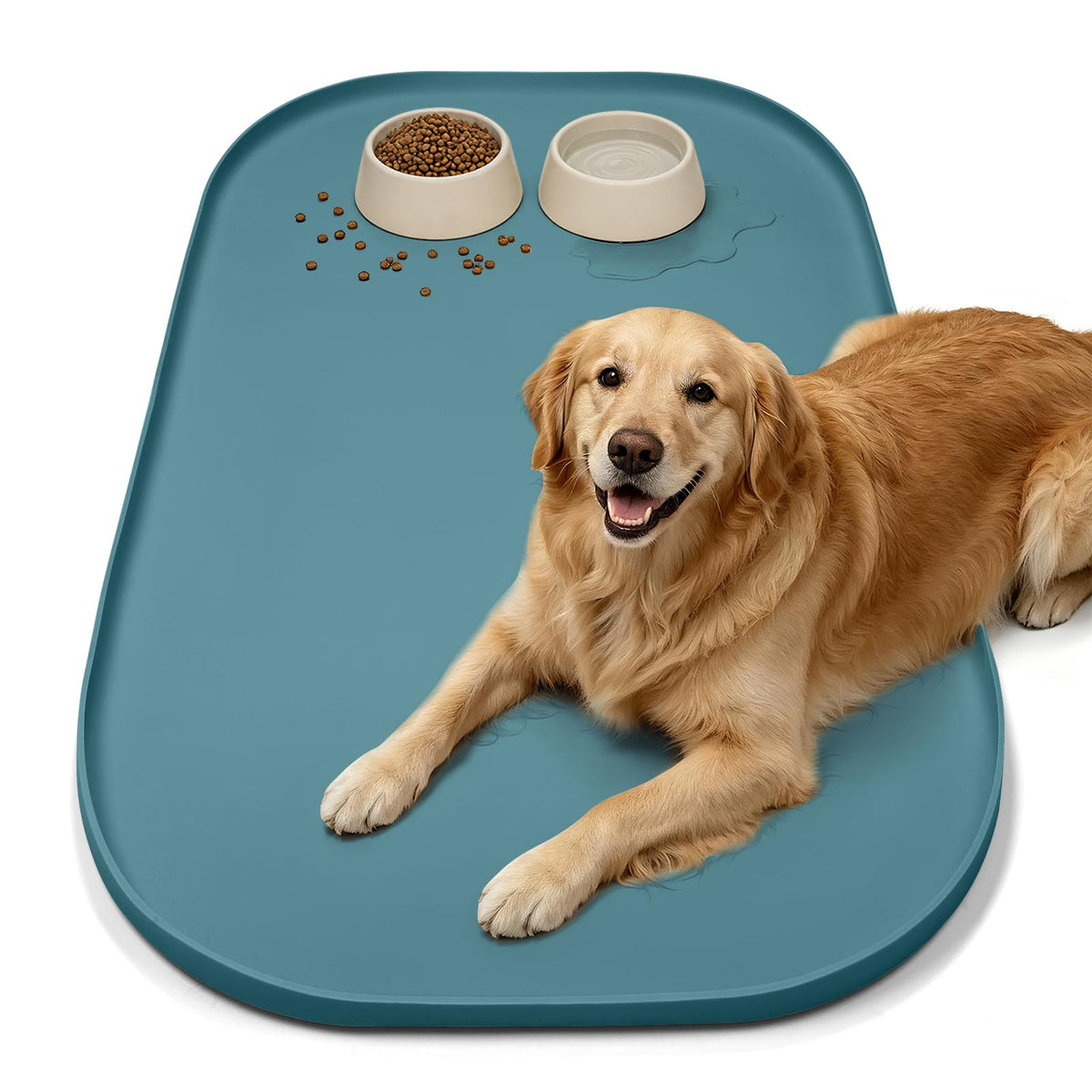 SMILOOL Waterproof Silicone Pet Food Mat with Raised Edge for Dog & Cat | 19" x 12" Non-Slip Pet Feeding Mats with Lip for Food & Water Bowl, Food Grade, Easy Cleaning, Beige