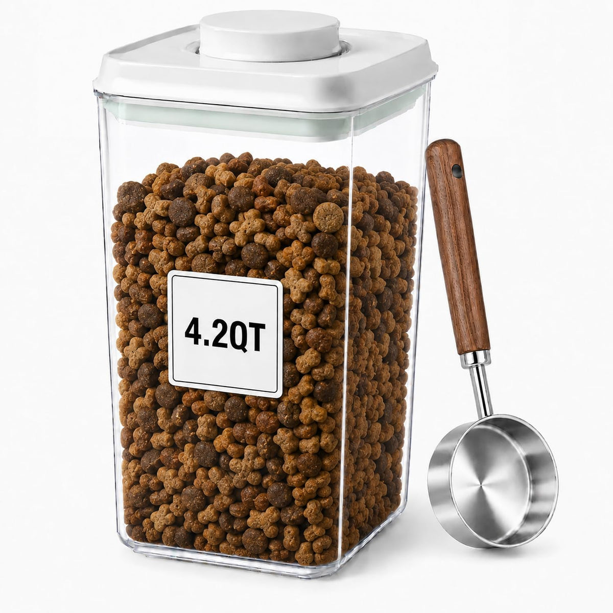 Pet Dog-Cat Airtight Food Storage-Container - 4.2Qt/4L jar with lid and 1/4Cup scoop | Holds 3–5 pounds of dry pet food | BPA-Free