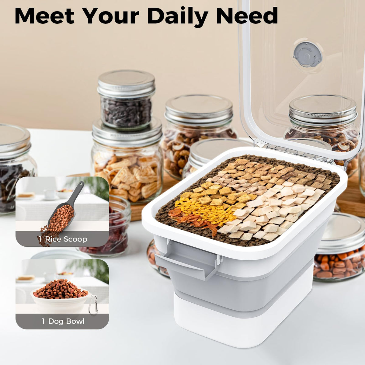 20-23 Lbs Dog Food Storage Container,Collapsible Dog Food Container | Pet Food Storage Container with Transparent Airtight Lid,Multifunctional for Dog Cat,Rice,Flour,Scoop and Small Container