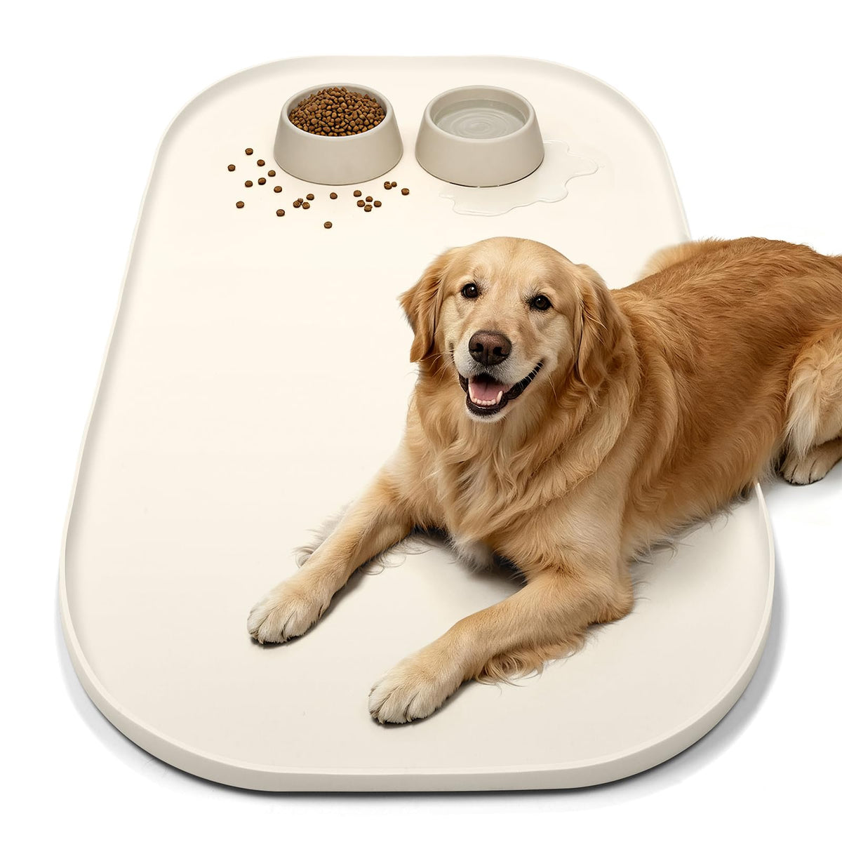 SMILOOL Waterproof Silicone Pet Food Mat with Raised Edge for Dog & Cat | 19" x 12" Non-Slip Pet Feeding Mats with Lip for Food & Water Bowl, Food Grade, Easy Cleaning, Beige