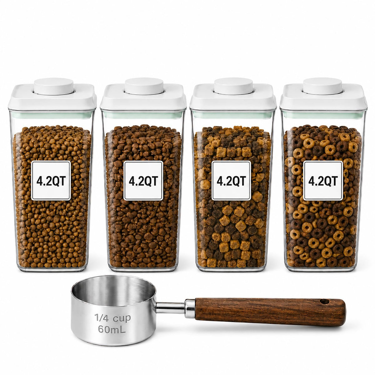 Pet Dog-Cat Airtight Food Storage-Container - 4.2Qt/4L jar with lid and 1/4Cup scoop | Holds 3–5 pounds of dry pet food | BPA-Free
