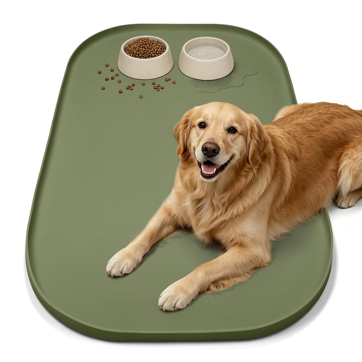 SMILOOL Waterproof Silicone Pet Food Mat with Raised Edge for Dog & Cat | 19" x 12" Non-Slip Pet Feeding Mats with Lip for Food & Water Bowl, Food Grade, Easy Cleaning, Beige