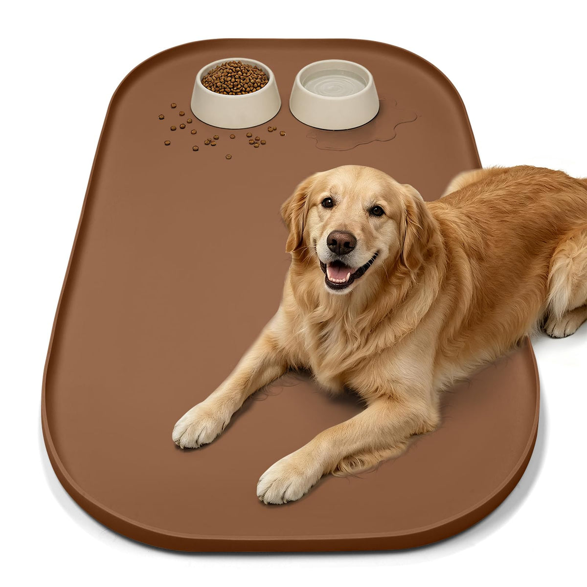 SMILOOL Waterproof Silicone Pet Food Mat with Raised Edge for Dog & Cat | 19" x 12" Non-Slip Pet Feeding Mats with Lip for Food & Water Bowl, Food Grade, Easy Cleaning, Beige