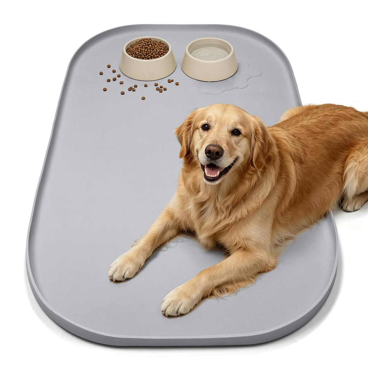 SMILOOL Waterproof Silicone Pet Food Mat with Raised Edge for Dog & Cat | 19" x 12" Non-Slip Pet Feeding Mats with Lip for Food & Water Bowl, Food Grade, Easy Cleaning, Beige