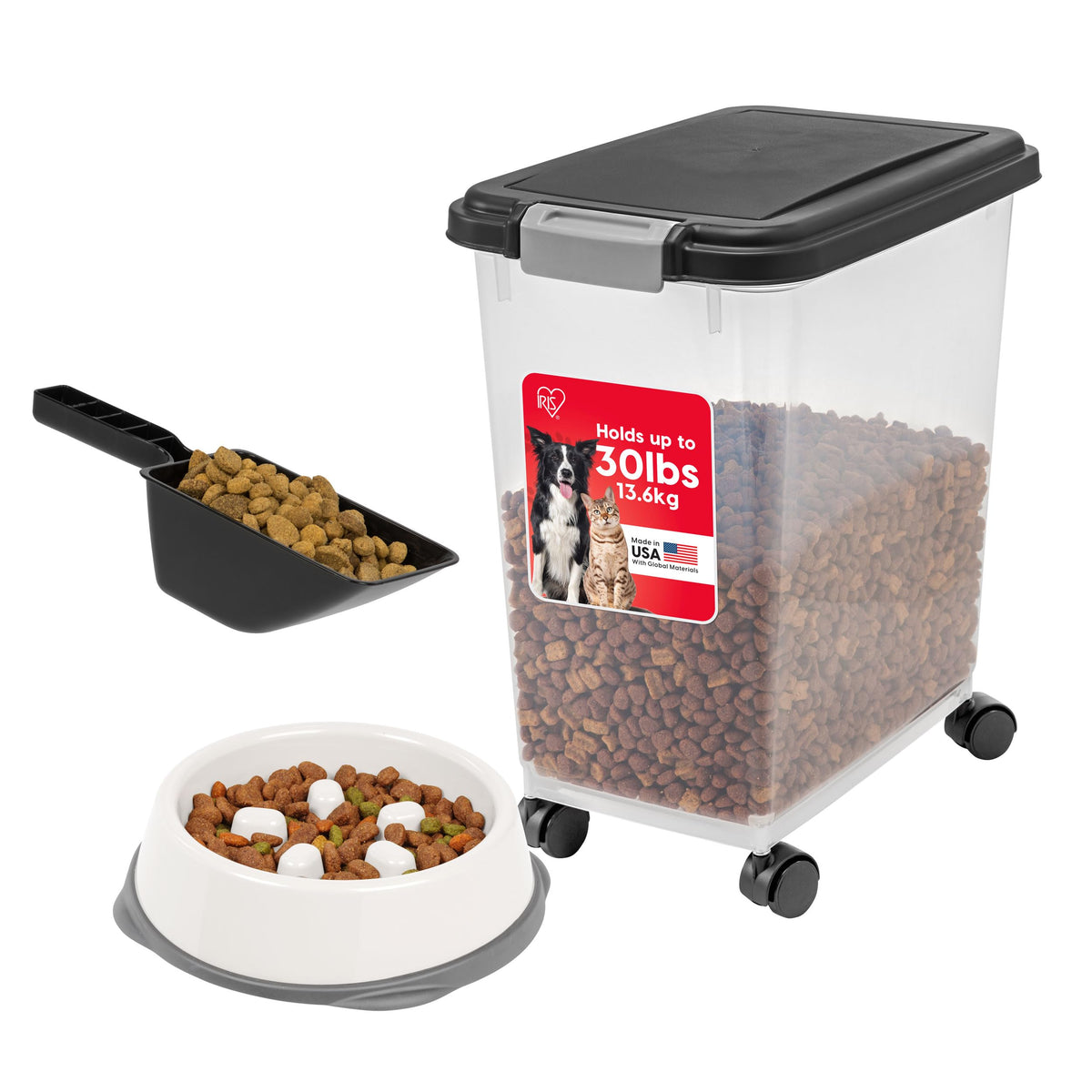 IRIS USA Dog Food Storage Container, 2-Pack, Up to 54 lbs, Black | Made in USA, Comes with Wheels, Airtight Seal, BPA-Free, Bird Seed, Cat food, Cat Litter, Treats, Multi-Pet Use