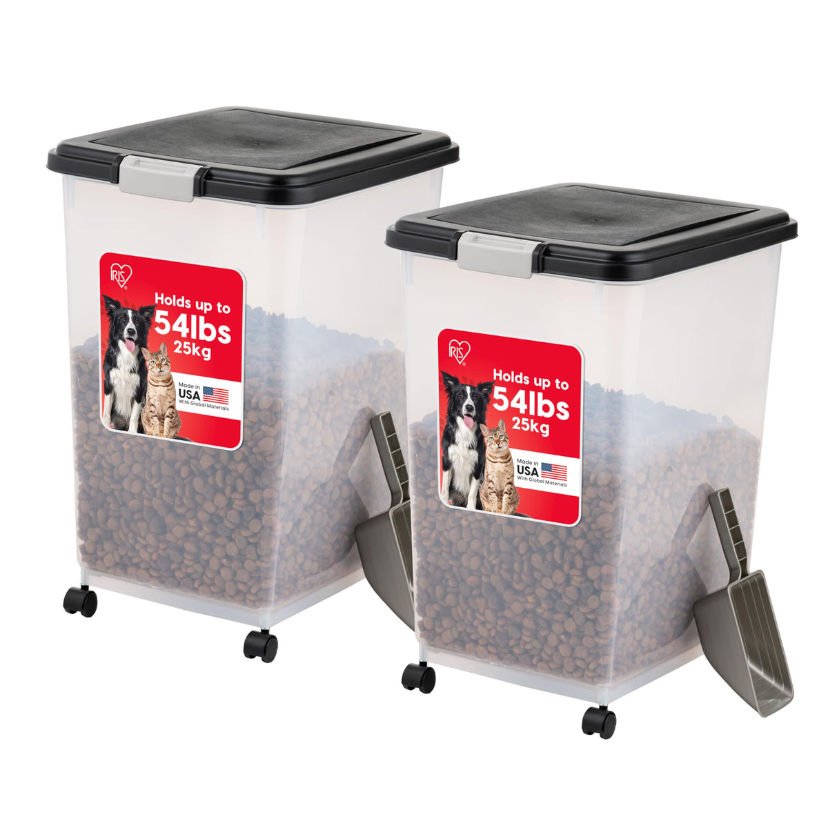 IRIS USA Dog Food Storage Container, 2-Pack, Up to 54 lbs, Black | Made in USA, Comes with Wheels, Airtight Seal, BPA-Free, Bird Seed, Cat food, Cat Litter, Treats, Multi-Pet Use